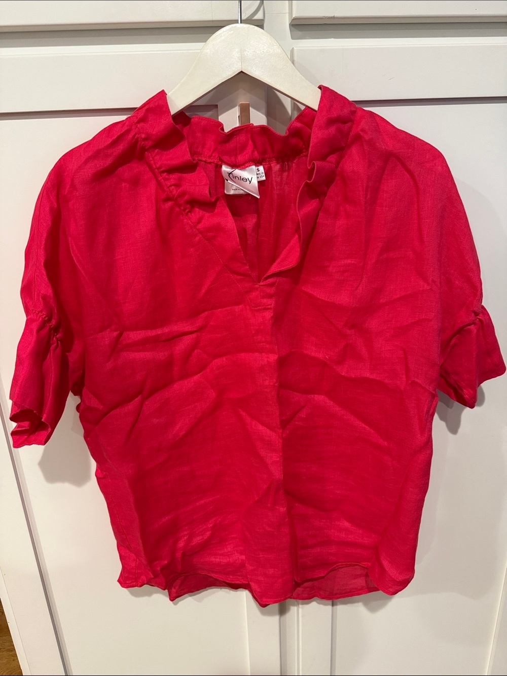 Finley 100% Linen Women’s Fuchsia Ruffle Neck Short Sleeve Blouse